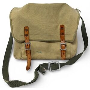 Vintage 1940s Military WWII Medic Bag Olive Green Canvas Tan Leather WW2